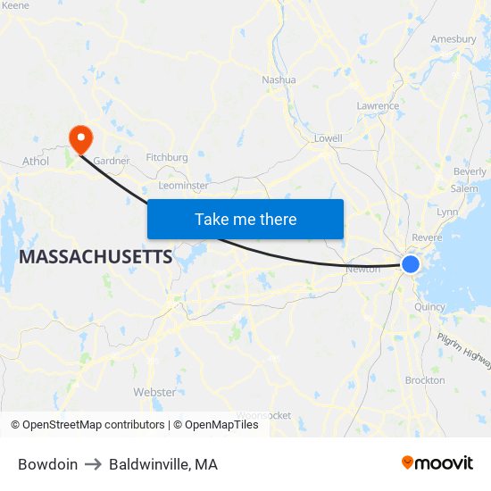 Bowdoin to Baldwinville, MA map