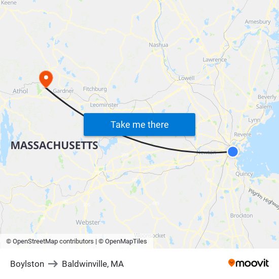 Boylston to Baldwinville, MA map