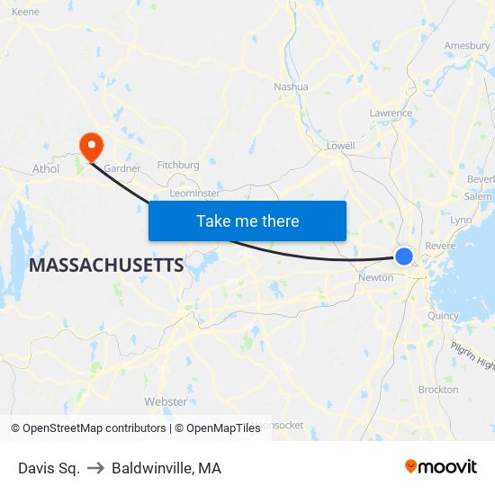 Davis Sq. to Baldwinville, MA map