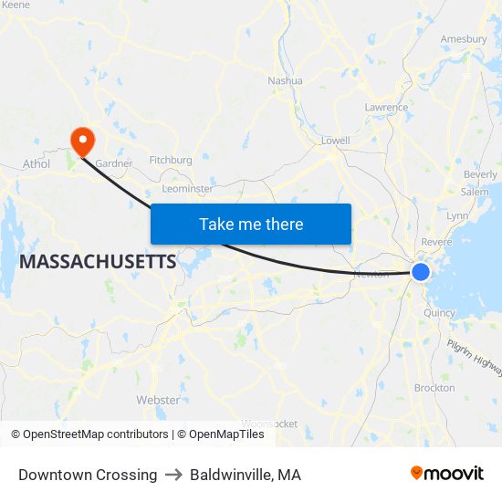 Downtown Crossing to Baldwinville, MA map