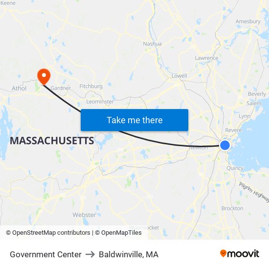 Government Center to Baldwinville, MA map