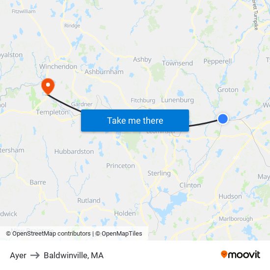 Ayer to Baldwinville, MA map