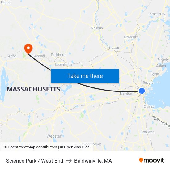 Science Park / West End to Baldwinville, MA map