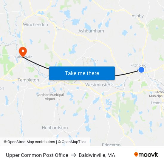 Upper Common Post Office to Baldwinville, MA map