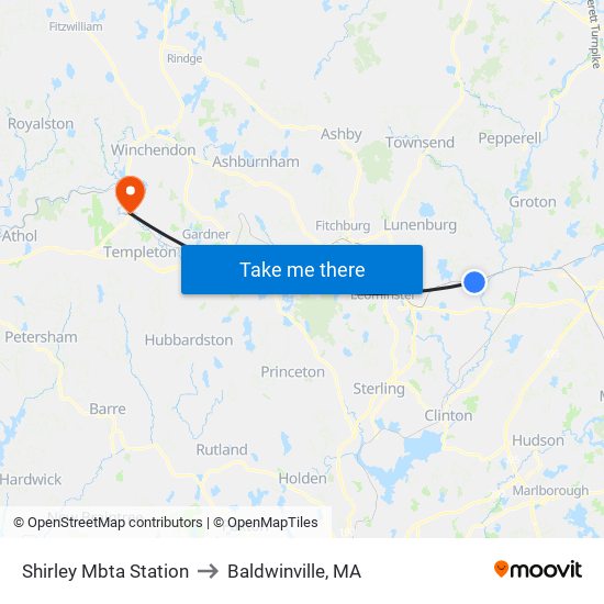 Shirley Mbta Station to Baldwinville, MA map