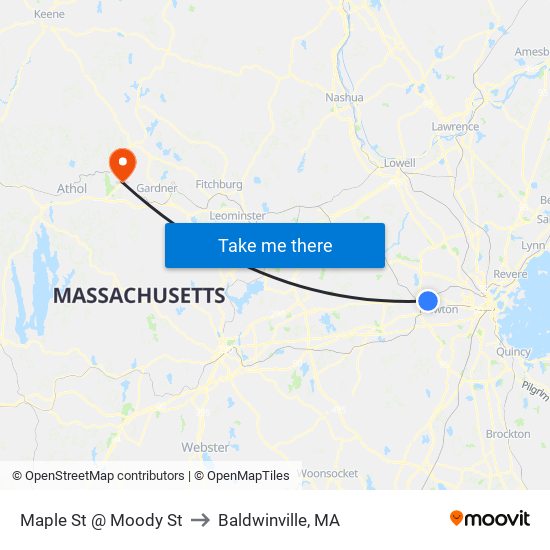 Maple St @ Moody St to Baldwinville, MA map