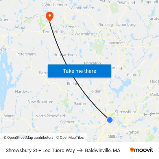 Shrewsbury St + Leo Tuoro Way to Baldwinville, MA map