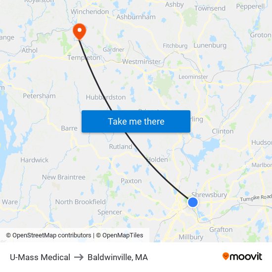 U-Mass Medical to Baldwinville, MA map