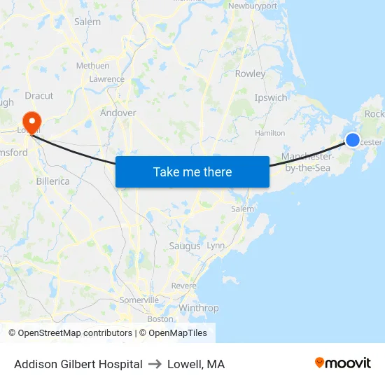 Addison Gilbert Hospital to Lowell, MA map