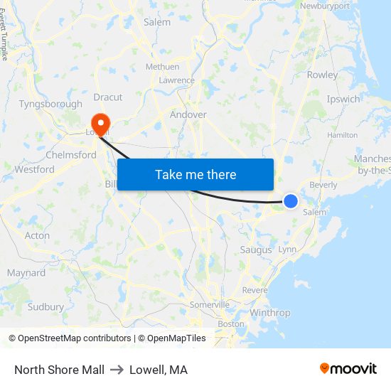 North Shore Mall to Lowell, MA map