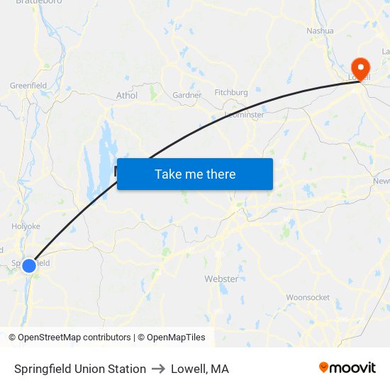 Springfield Union Station to Lowell, MA map