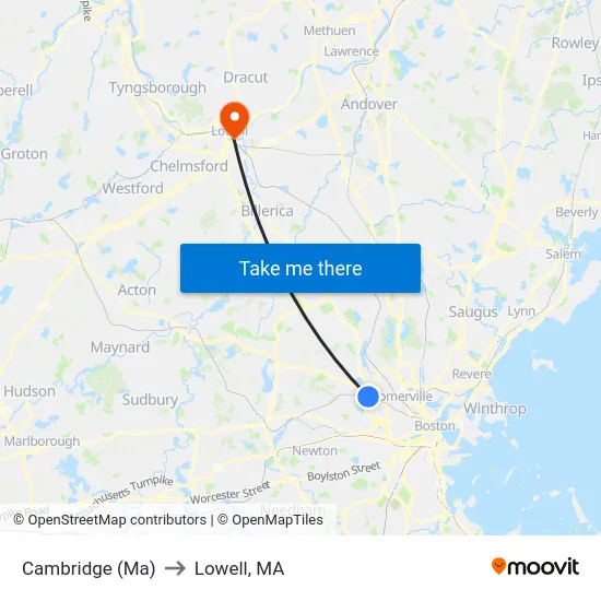 Cambridge (Ma) to Lowell, MA map