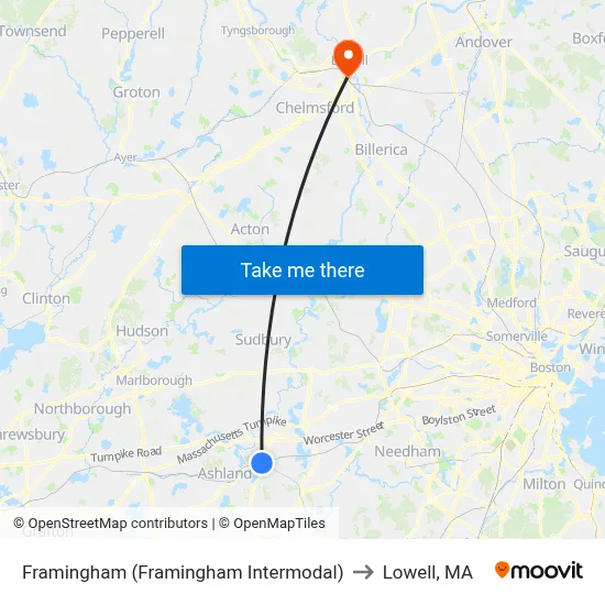 Framingham (Framingham Intermodal) to Lowell, MA map