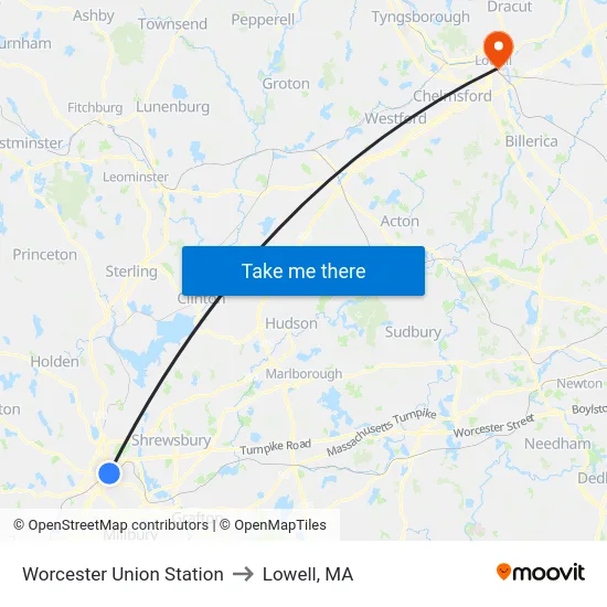 Worcester Union Station to Lowell, MA map