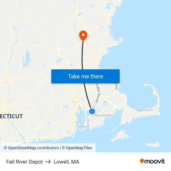 Fall River Depot to Lowell, MA map