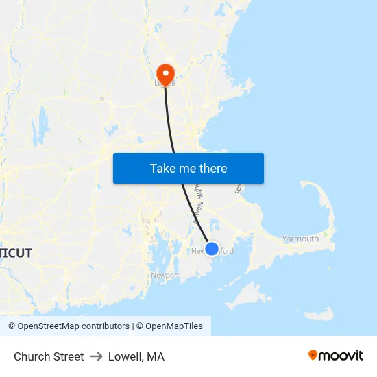 Church Street to Lowell, MA map