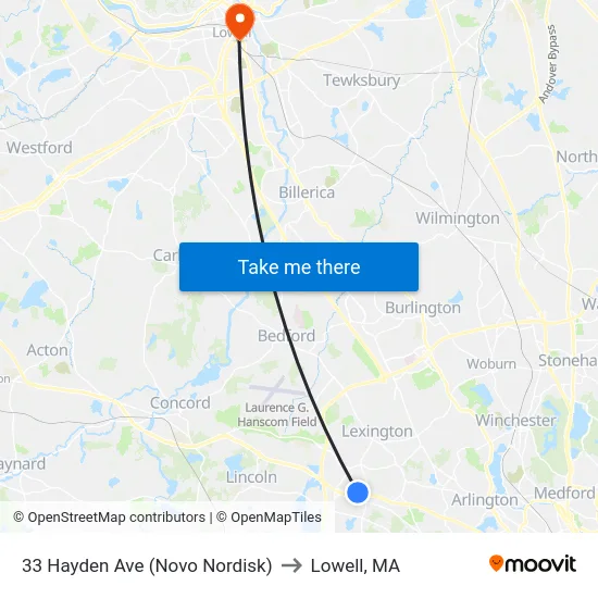 33 Hayden Ave (Novo Nordisk) to Lowell, MA map