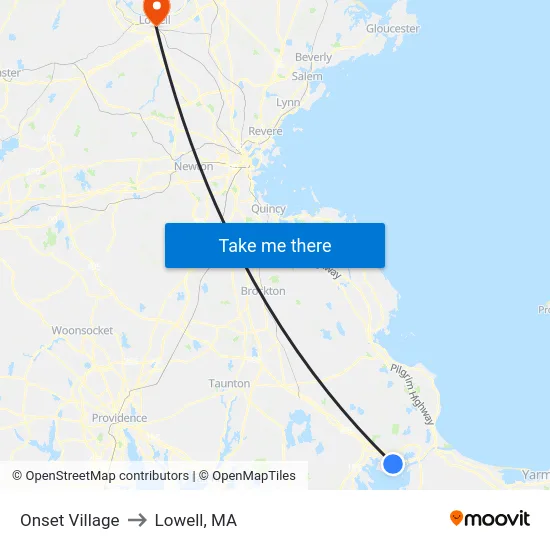 Onset Village to Lowell, MA map