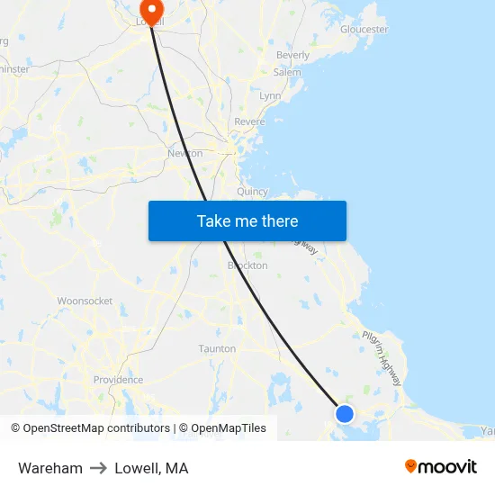 Wareham to Lowell, MA map