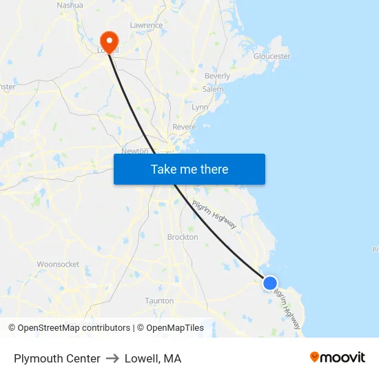 Plymouth Center to Lowell, MA map