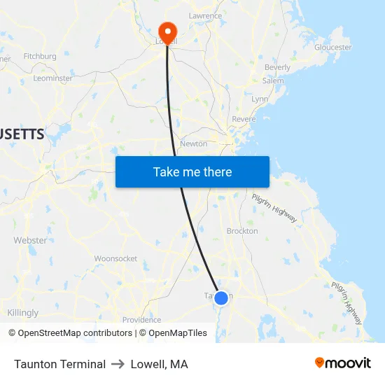 Taunton Terminal to Lowell, MA map