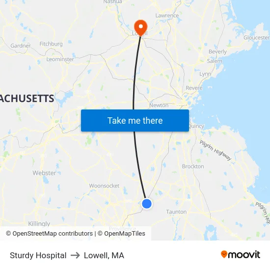 Sturdy Hospital to Lowell, MA map
