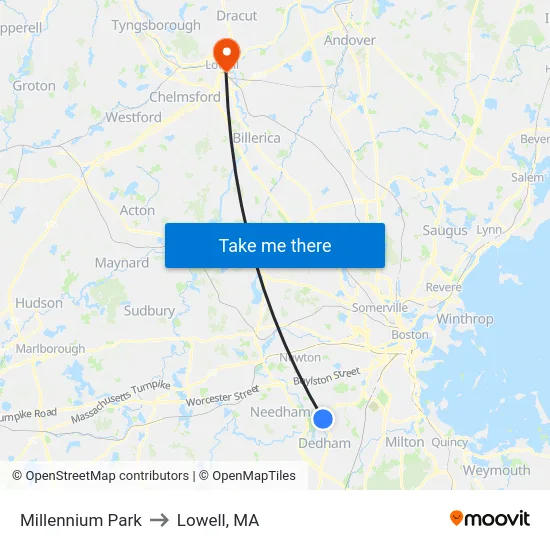 Millennium Park to Lowell, MA map
