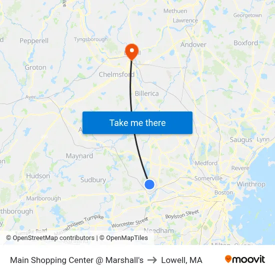 Main Shopping Center @ Marshall's to Lowell, MA map
