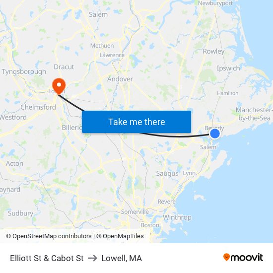 Elliott St & Cabot St to Lowell, MA map