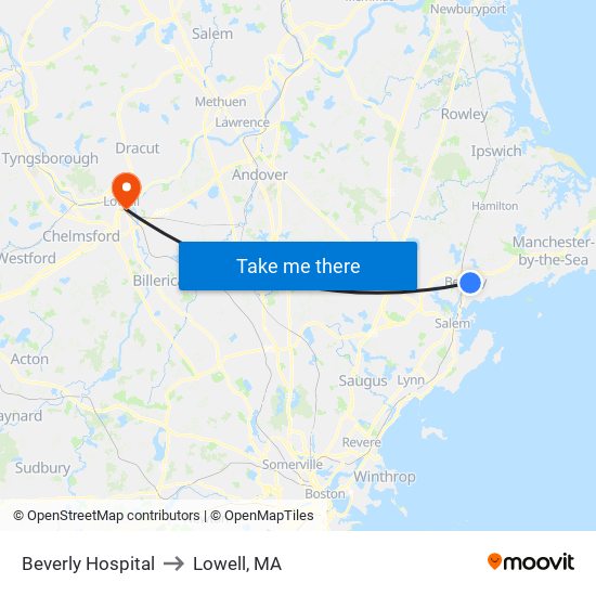 Beverly Hospital to Lowell, MA map