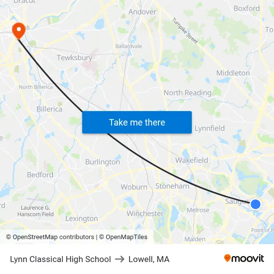Lynn Classical High School to Lowell, MA map