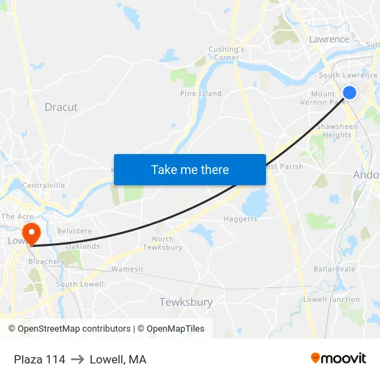 Plaza 114 to Lowell, MA map
