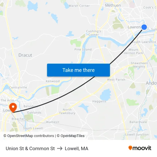 Union St & Common St to Lowell, MA map