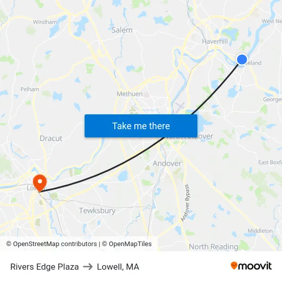 Rivers Edge Plaza to Lowell, MA map