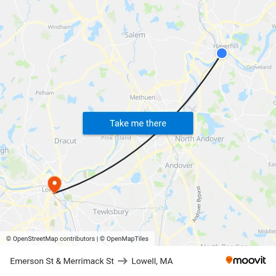 Emerson St & Merrimack St to Lowell, MA map