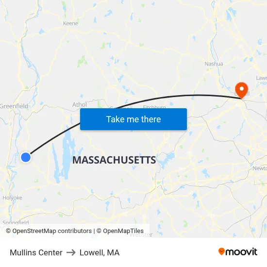 Mullins Center to Lowell, MA map