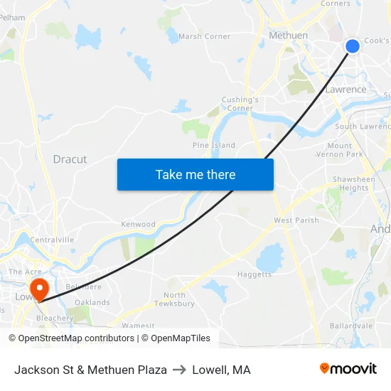Jackson St & Methuen Plaza to Lowell, MA map