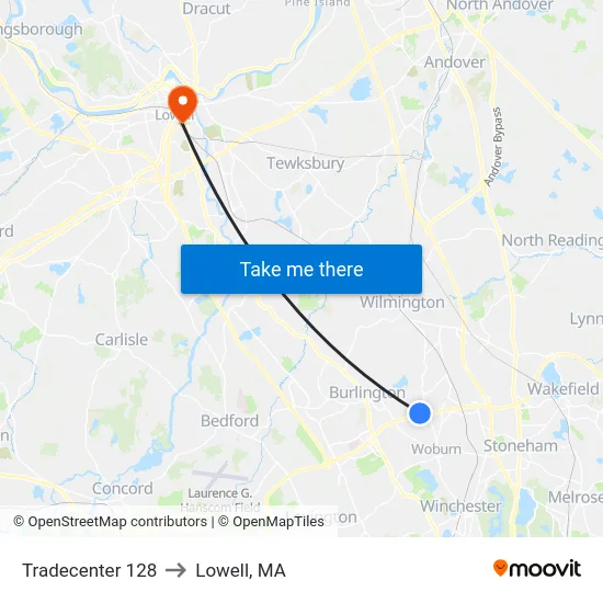 Tradecenter 128 to Lowell, MA map