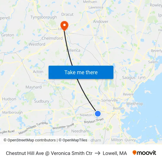 Chestnut Hill Ave @ Veronica Smith Ctr to Lowell, MA map