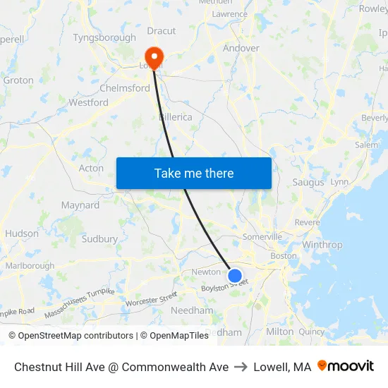 Chestnut Hill Ave @ Commonwealth Ave to Lowell, MA map
