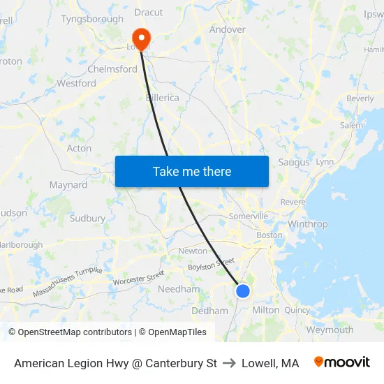 American Legion Hwy @ Canterbury St to Lowell, MA map