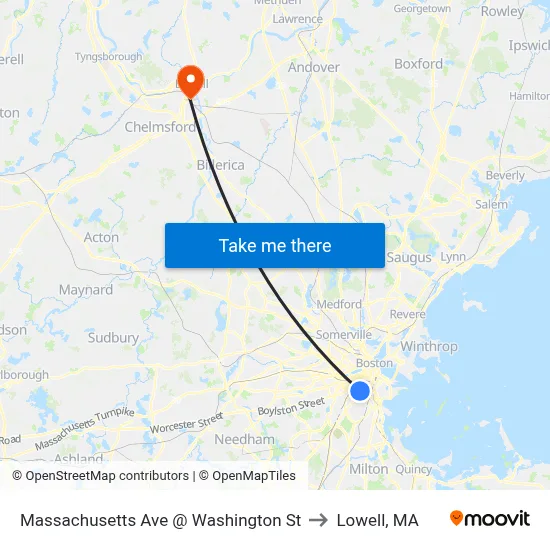Massachusetts Ave @ Washington St to Lowell, MA map