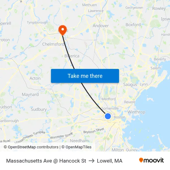 Massachusetts Ave @ Hancock St to Lowell, MA map