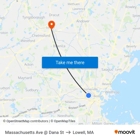 Massachusetts Ave @ Dana St to Lowell, MA map