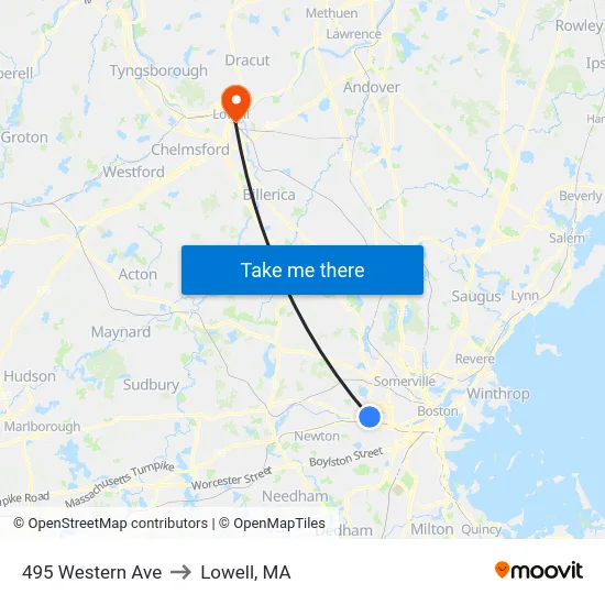 495 Western Ave to Lowell, MA map