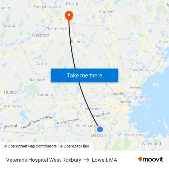 Veterans Hospital West Roxbury to Lowell, MA map