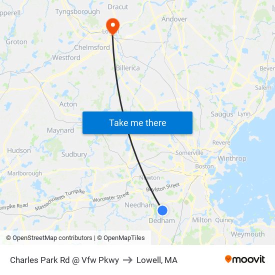 Charles Park Rd @ Vfw Pkwy to Lowell, MA map