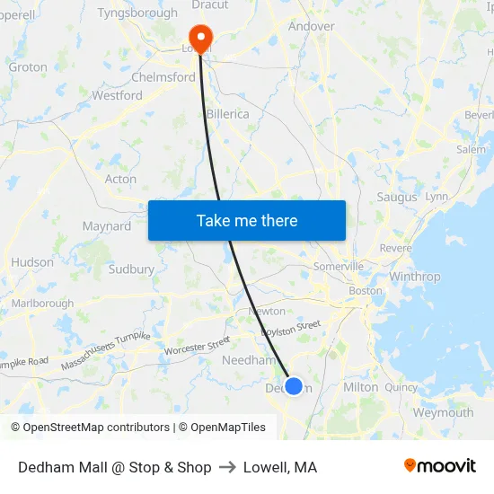 Dedham Mall @ Stop & Shop to Lowell, MA map
