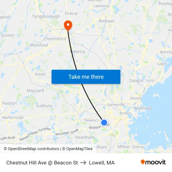 Chestnut Hill Ave @ Beacon St to Lowell, MA map