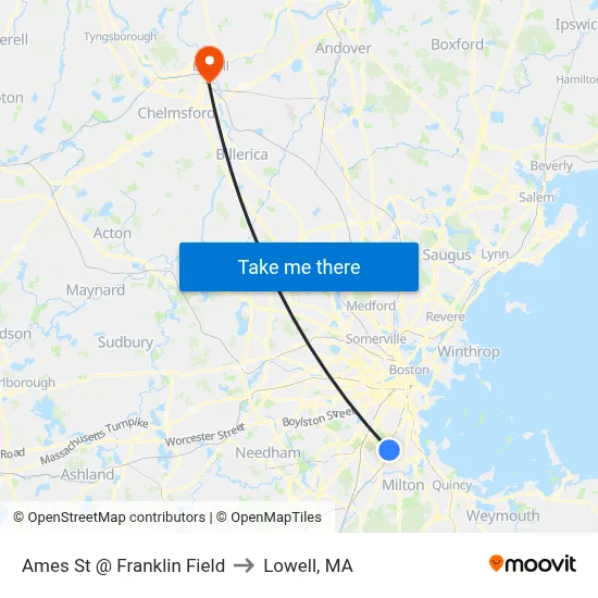Ames St @ Franklin Field to Lowell, MA map